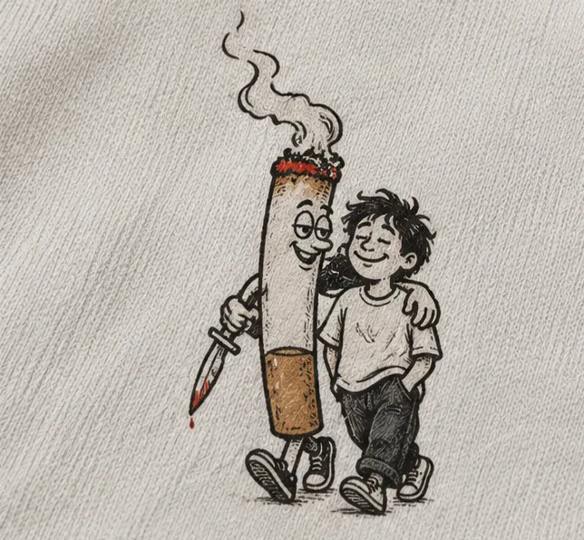 Une cigarette souriante enlace un garçon. Dans son autre main, dans son dos, un couteau ensanglanté.